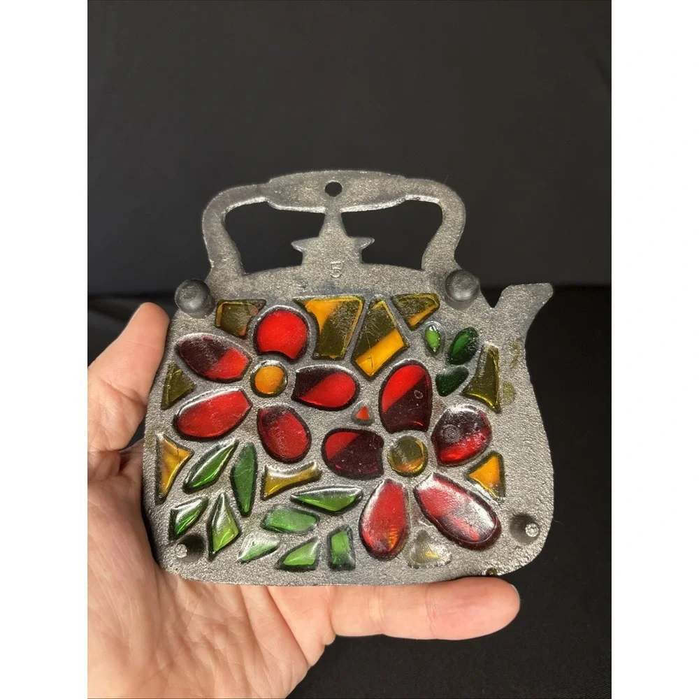 Vintage Cast Iron/Stained Glass Trivet‎ For Tea Kettle w/Flowers
